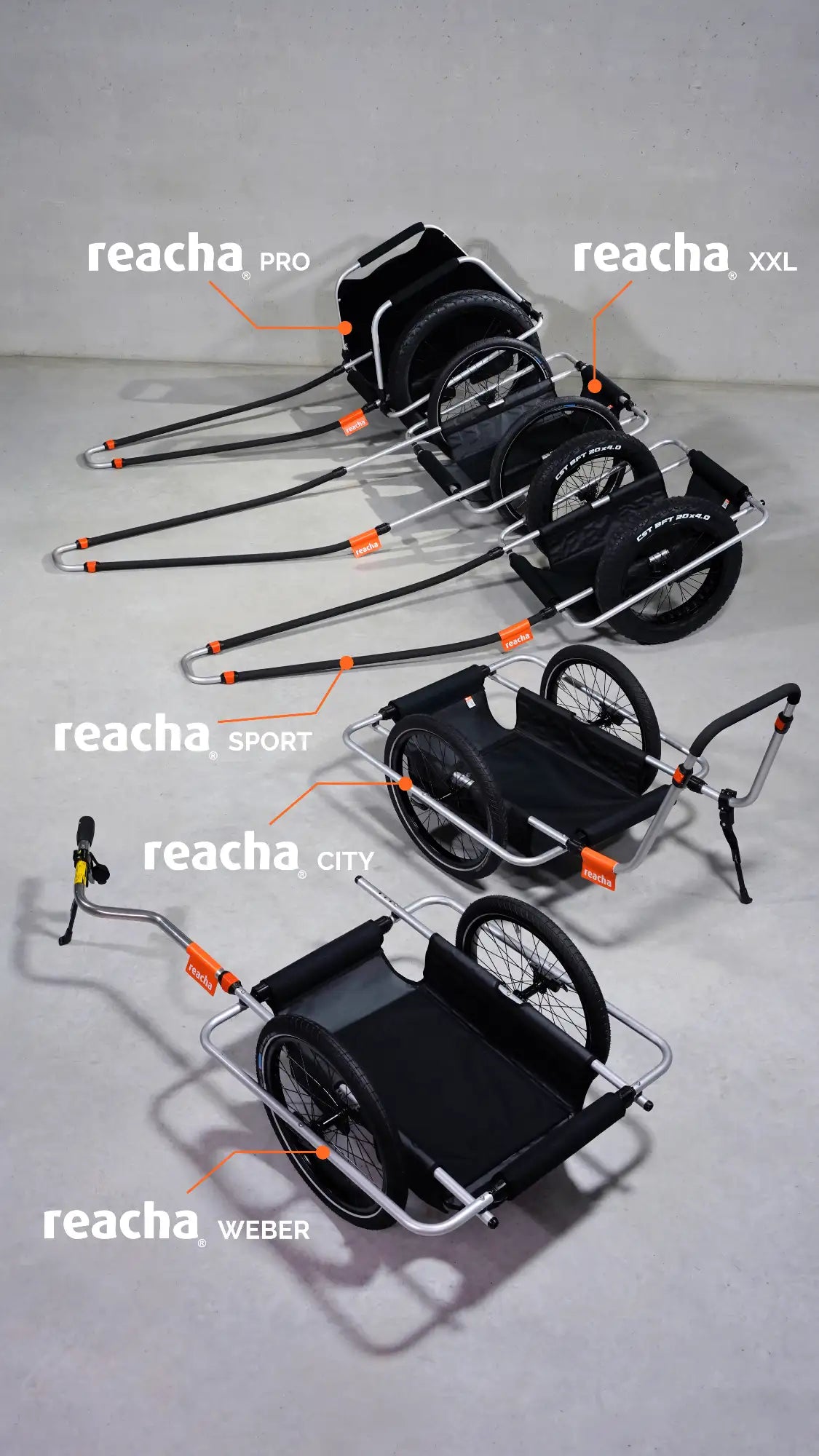 Overview of reacha bike trailers for transporting SUP, kayak, windsurf, surfboards, boats, wing foil and more.